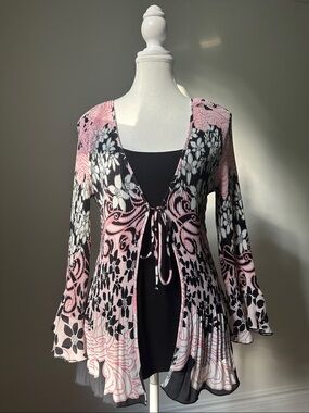 DRESS BARN Y2K Pink Floral Fairy Coquette Whimsical Accordion Pleat Blouse Large